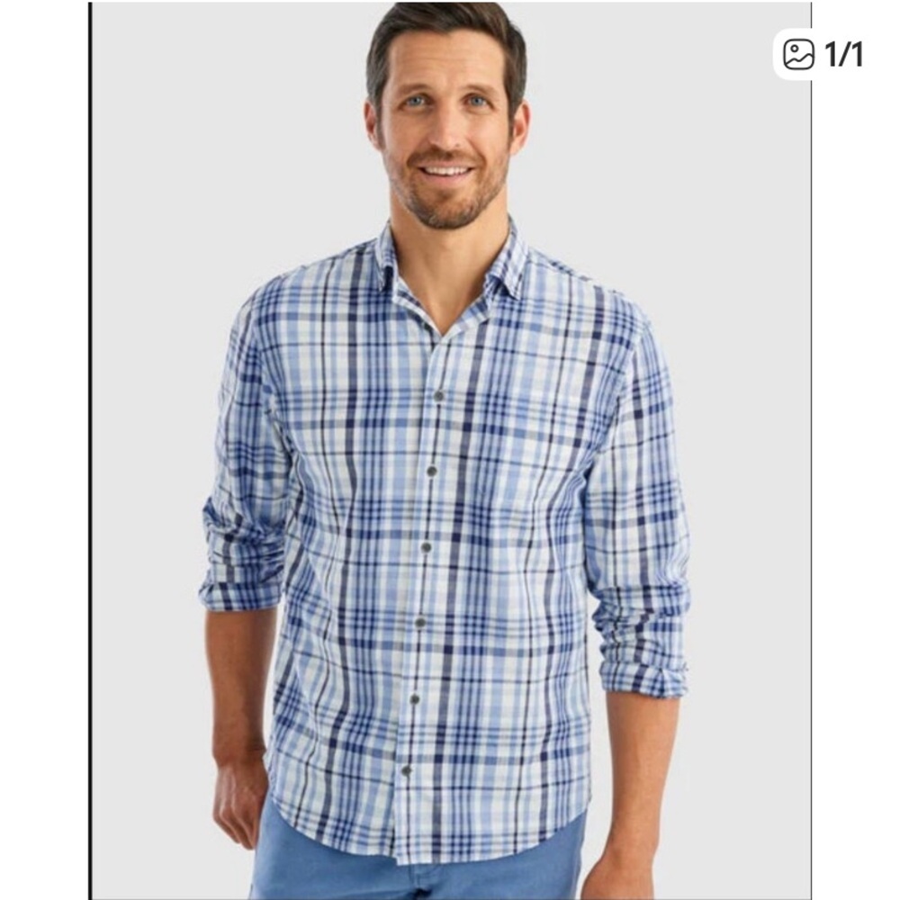 Johnnie-O Men's Blakely Hangin' Out button-up shirt gulf blue plaid Size Small